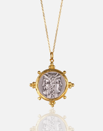 Load image into Gallery viewer, Mythologic Coin Necklace with brass and 24K gold plating showcasing deities.