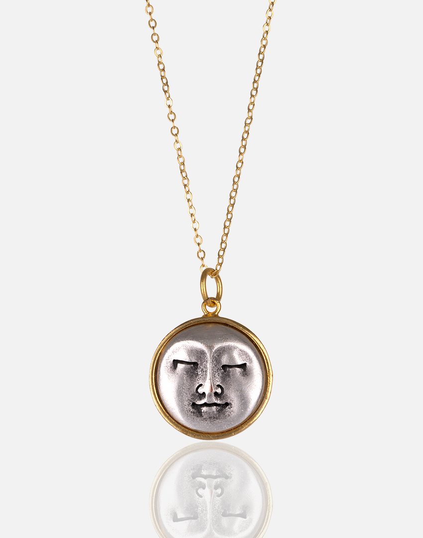 Luna Necklace with 24k gold over nickel-free brass, moon face pendant.
