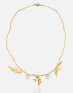 Load image into Gallery viewer, Celestial Aviary Necklace with 24K gold-plated birds and pearls.