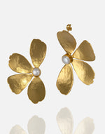 Load image into Gallery viewer, Statement Flower Earring hand set in 24k gold plate with pearl accents.