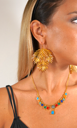 Load image into Gallery viewer, Monaco Earrings in 24k gold plate with vibrant jewelry accents.
