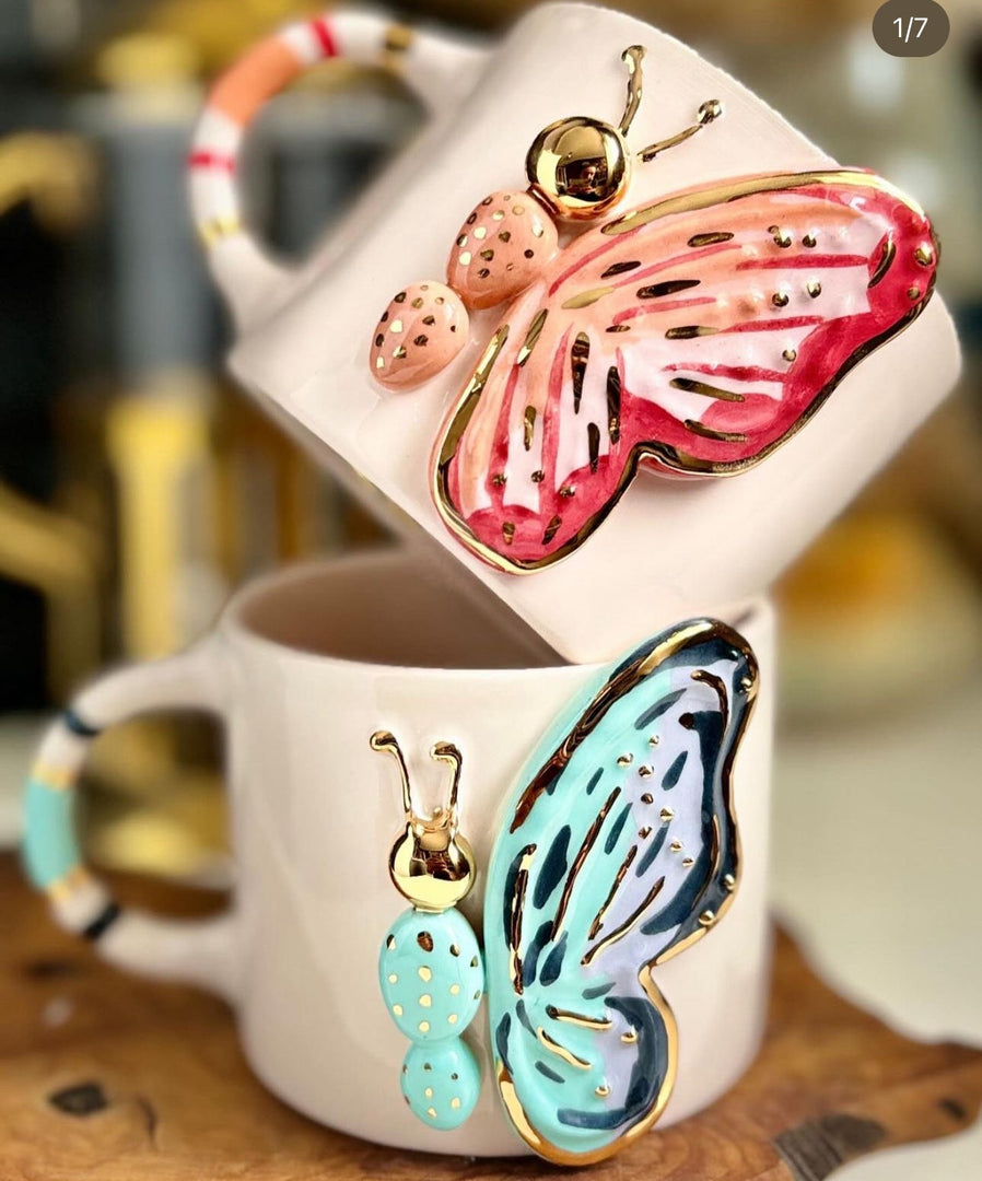 Butterfly Ceramic Mug and Saucer with colorful butterfly designs