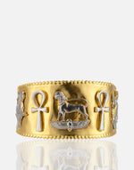 Load image into Gallery viewer, Lion motif cuff with hieroglyphic designs, symbolizing power and elegance, product code BR00317.
