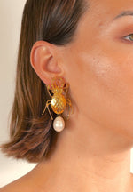 Load image into Gallery viewer, Pearl Roach Earring in 24k gold plate with pearl detail.
