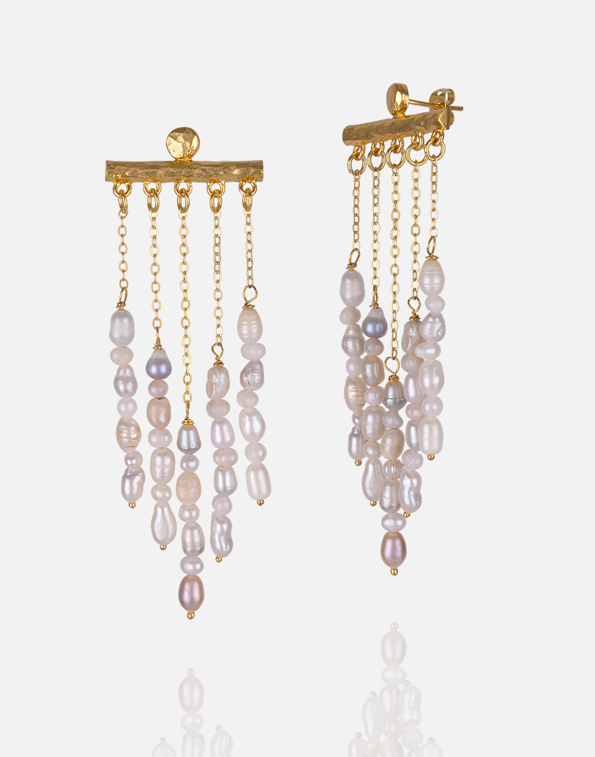 Pearl chandelier earrings set in 24k gold plate.