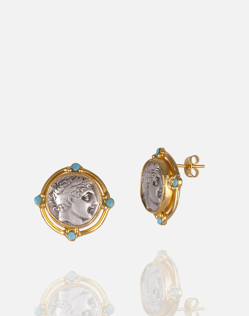 Coin David Earring in 24k gold plate over nickel-free brass with turquoise accents.