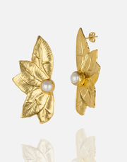 Golden Laurel Pearl Earrings inspired by Roman designs, 24K gold-plated brass.