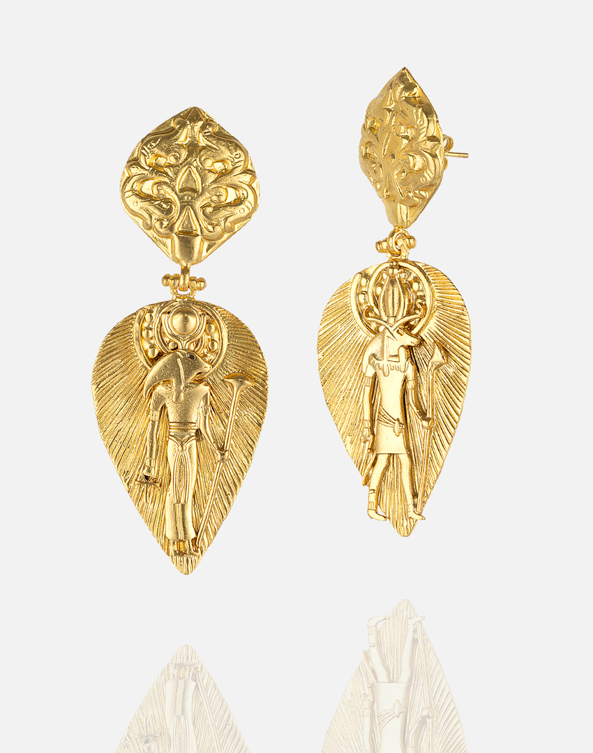 Ancient Majesty Earrings crafted with 24K gold-plated brass, inspired by Roman and Hellenistic designs.