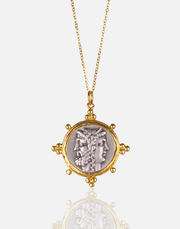 Mythologic Coin Necklace with brass and 24K gold plating showcasing deities.