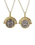 Load image into Gallery viewer, Roman Turning Necklace in 24k gold plate with antique coin design.
