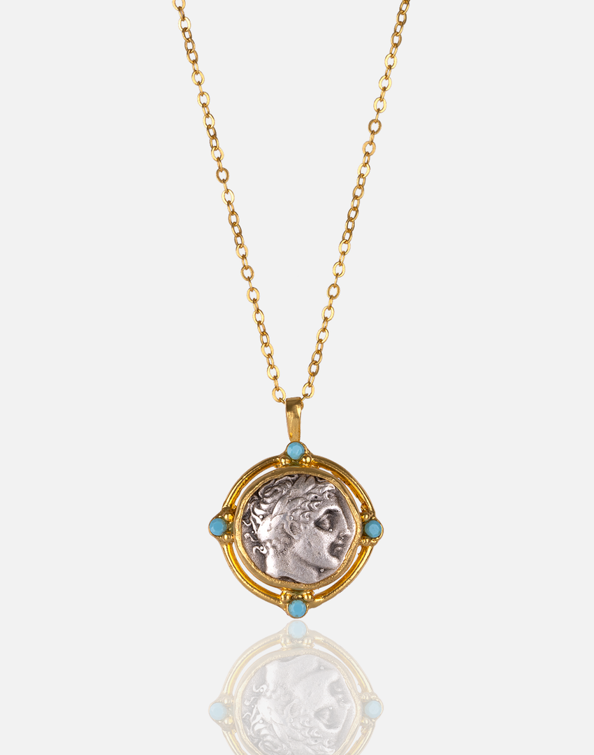 Alexander Coin Necklace in 24k gold plate over brass with turquoise accents.