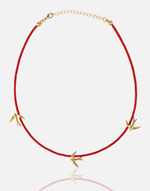 Cargue la imagen en el visor de la galería, Love Birds Natural Stone Necklace with gold love birds and red cord.
