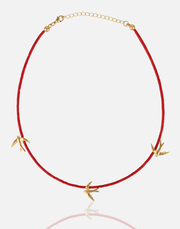 Love Birds Natural Stone Necklace with gold love birds and red cord.