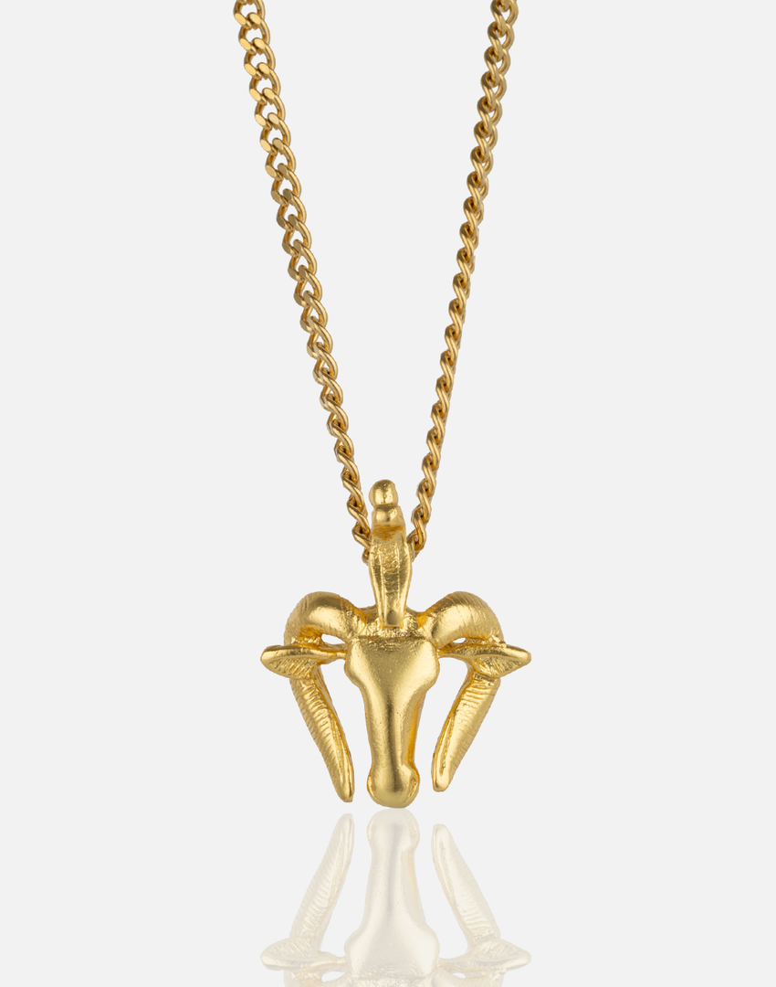Gold ram's head pendant necklace on a chain.