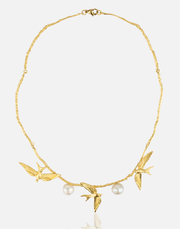 Celestial Aviary Necklace with 24K gold-plated birds and pearls.