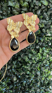 Onix Black Butterfly Earrings with 24k Gold Plate and Black Stone.