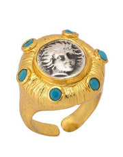 Medusa Crystal Pointed Adjustable Ring with 24K gold plating and turquoise accents.