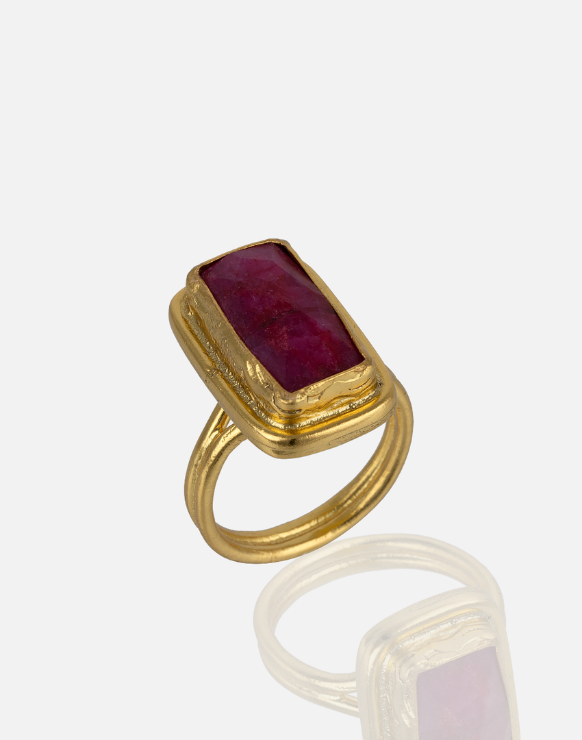 Elegant 24K gold plated Aquadan.co ring RG00298 with a bold red gemstone, inspired by Hellenistic, Roman, and Greek mythologies.