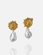 Load image into Gallery viewer, Baroque Elegance Earrings with 24k gold plating and baroque pearl design.
