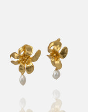 Love Flower Pearl Earring in 24k gold plate with pearl drop.