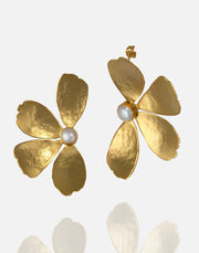 Statement Flower Earring hand set in 24k gold plate with pearl accents.