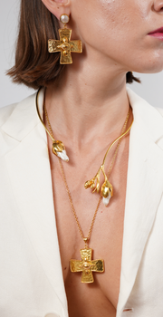 Golden Hammered Cross Earrings