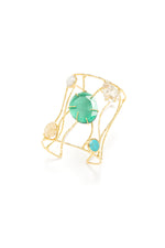 Load image into Gallery viewer, Elegant Aurora Gemstone Cuff with openwork gold design and vibrant gems.
