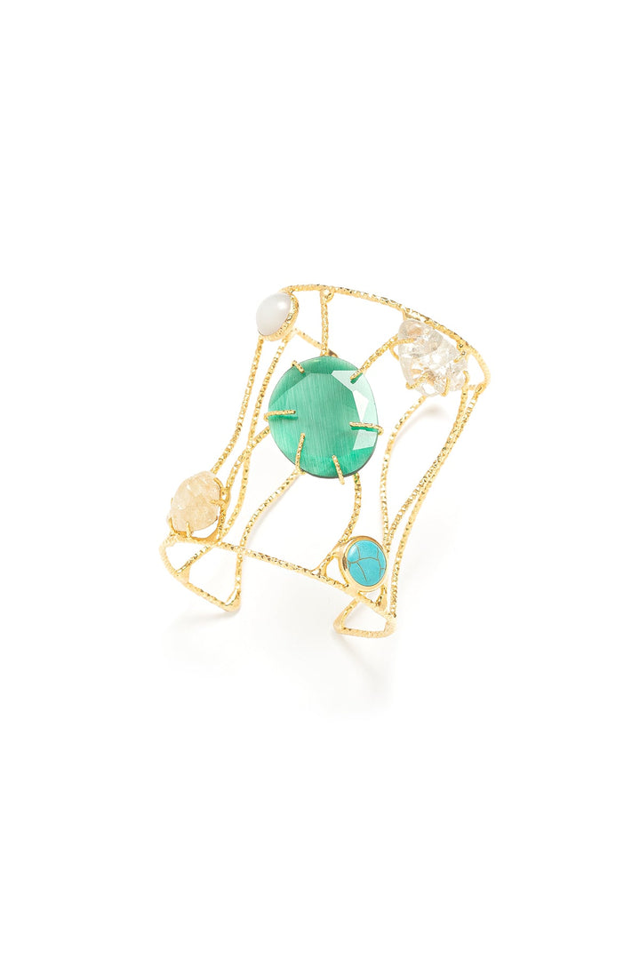 Elegant Aurora Gemstone Cuff with openwork gold design and vibrant gems.
